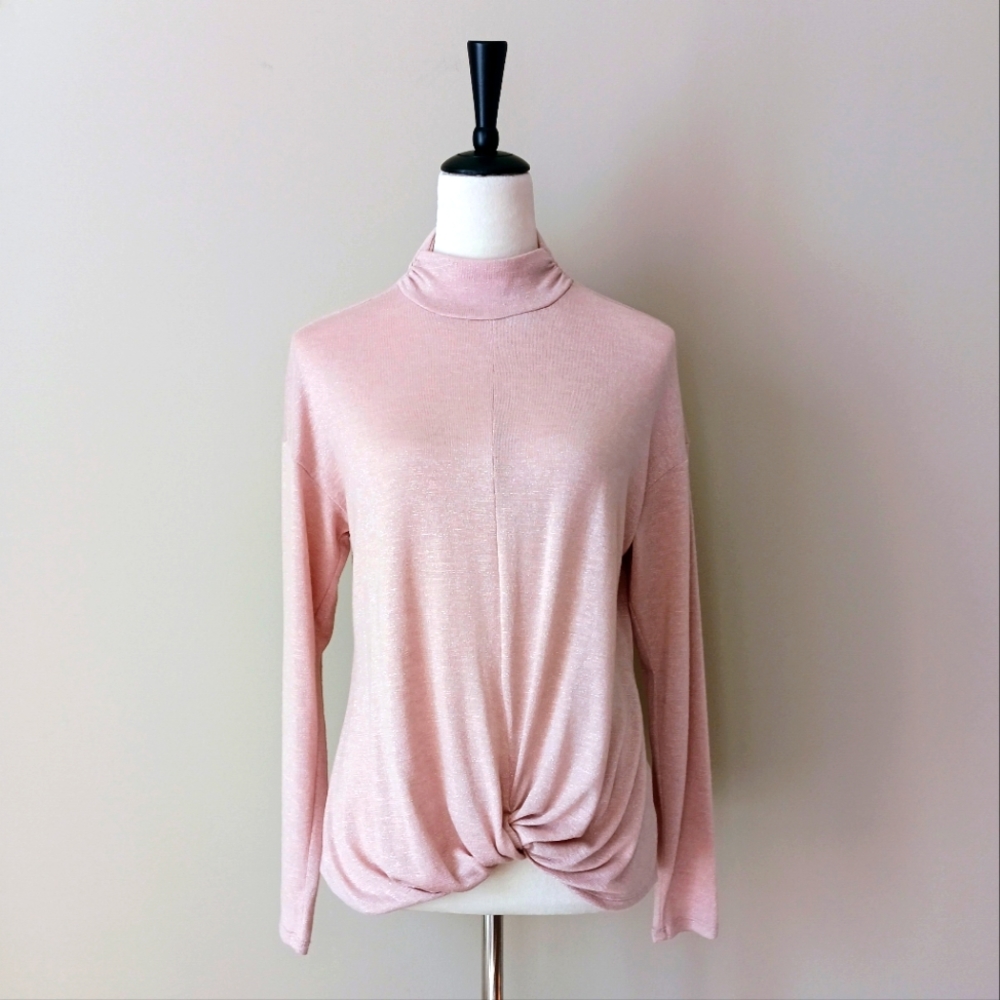 Light Pink Twist-Front Mock Neck Top with Gold Thread (Size M)